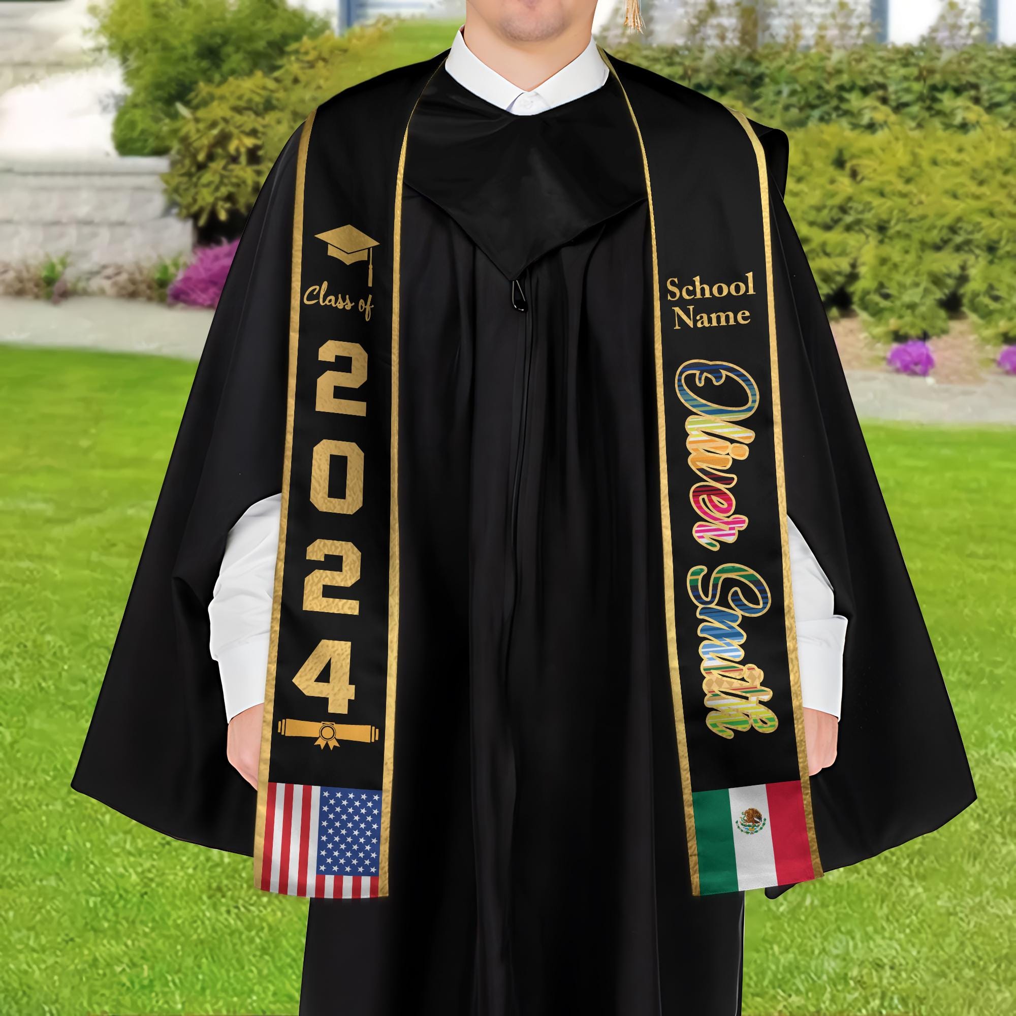Personalized Two Flag Graduation Stoles, Double Nation Graduation Sash, Class Of 2025 Stoles, Mixed Two Flag Graduation Stoles TD-0419-H7JP