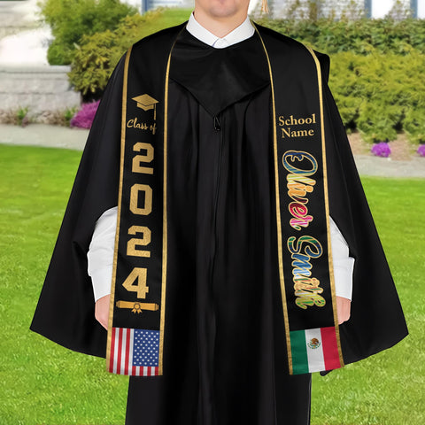 Personalized Two Flag Graduation Stoles, Double Nation Graduation Sash, Class Of 2025 Stoles, Mixed Two Flag Graduation Stoles TD-0419-H7JP