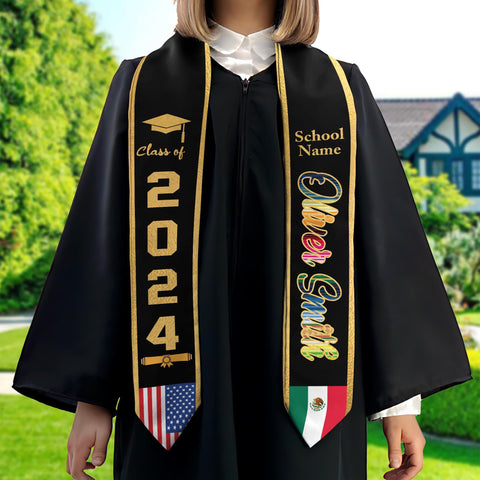 Personalized Two Flag Graduation Stoles, Double Nation Graduation Sash, Class Of 2025 Stoles, Mixed Two Flag Graduation Stoles TD-0419-H7JP