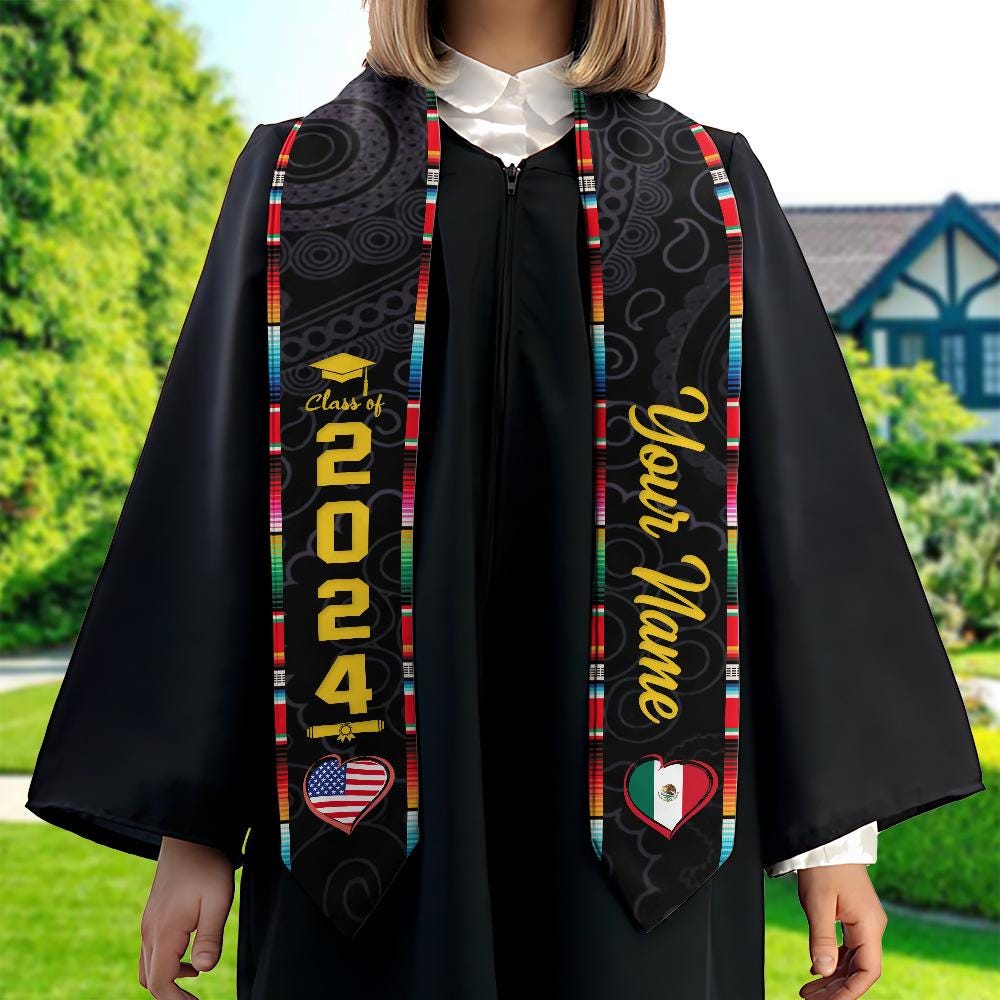 Personalized Two Flag Graduation Stoles, Double Nation Graduation Sash, Class Of 2025 Stoles, Mixed Two Flag Graduation Stoles TD-0419-RL8G