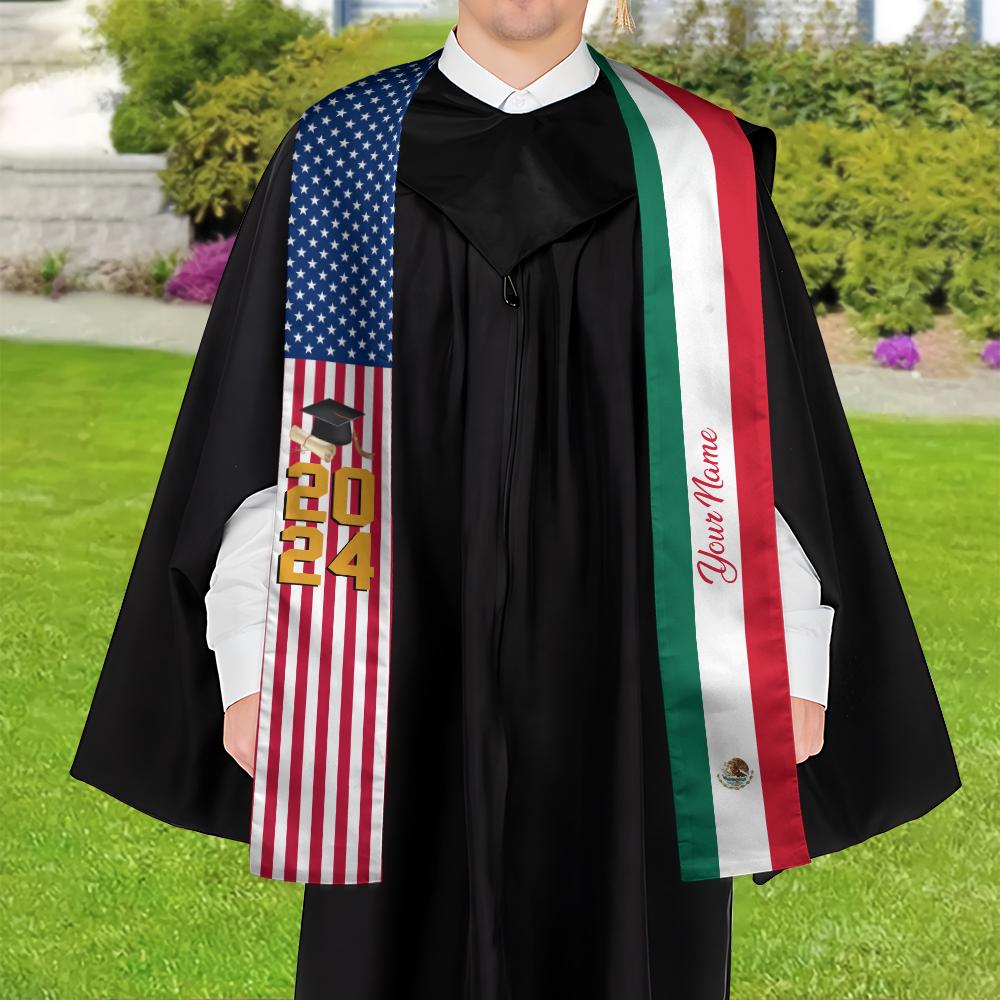 Personalized Two Flag Graduation Stoles, Double Nation Graduation Sash, Class Of 2025 Stoles, Mixed Two Flag Graduation Stoles TD-0423-LF6Y
