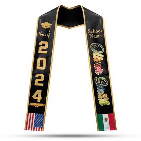 Personalized Two Flag Graduation Stoles, Double Nation Graduation Sash, Class Of 2025 Stoles, Mixed Two Flag Graduation Stoles TD-0419-H7JP