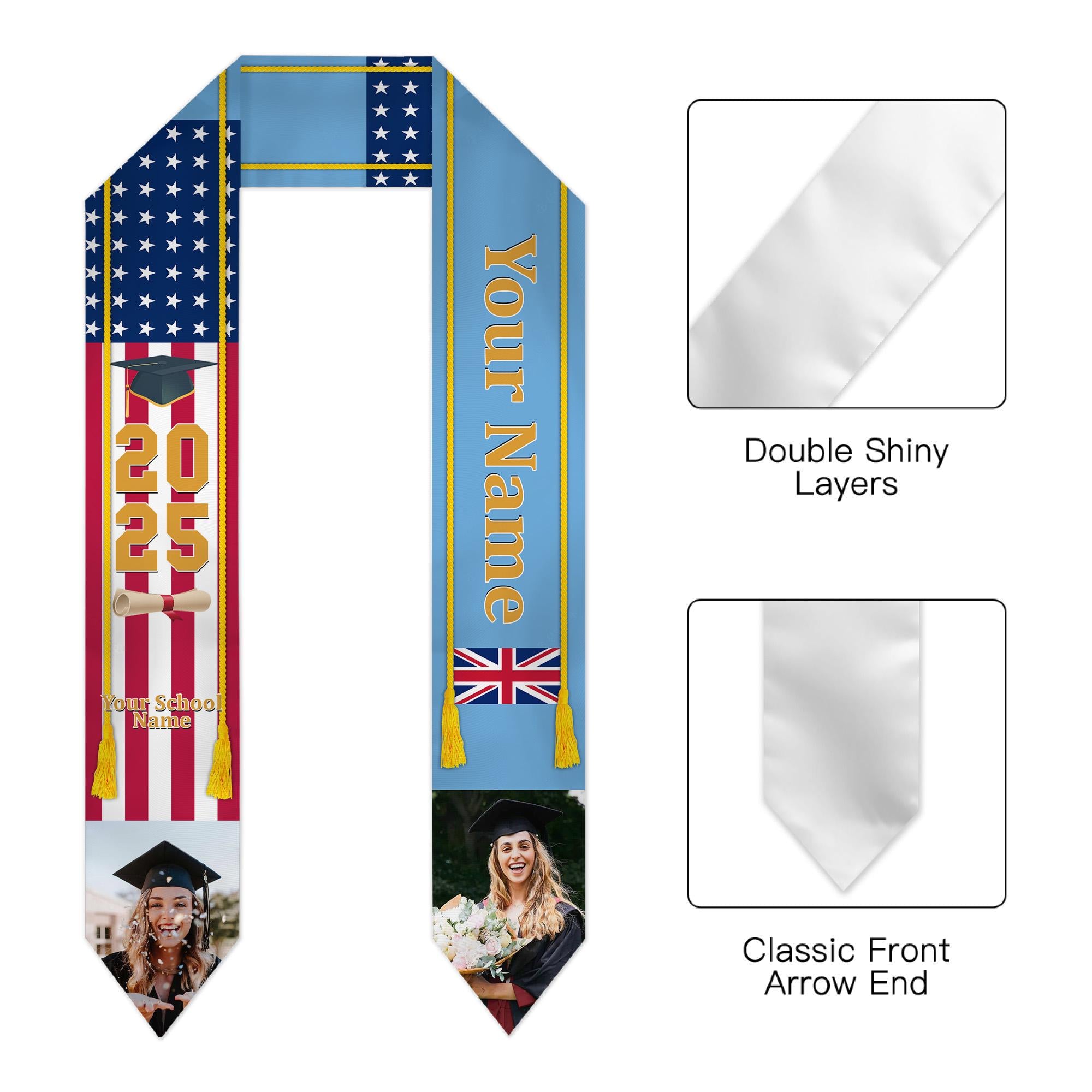 Personalized Congrats 2025 Graduation Stole, Mixed Two Flag Graduation Stole, Graduation Sash Gift, Class of 2025 Grad Sash