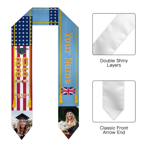 Personalized Congrats 2025 Graduation Stole, Mixed Two Flag Graduation Stole, Graduation Sash Gift, Class of 2025 Grad Sash