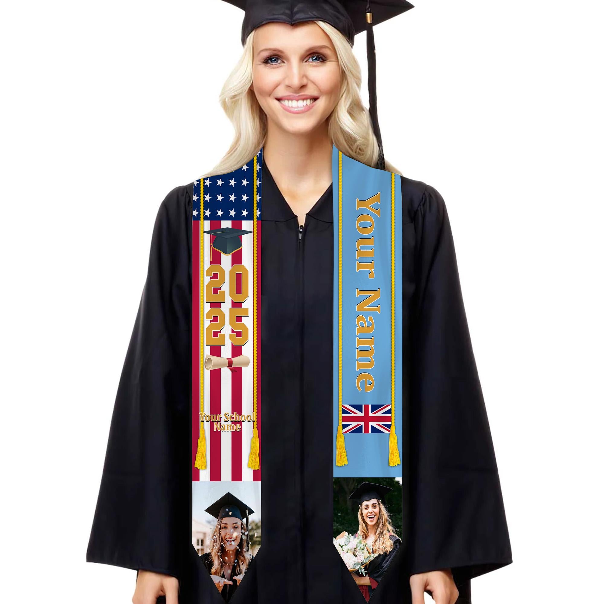 Personalized Congrats 2025 Graduation Stole, Mixed Two Flag Graduation Stole, Graduation Sash Gift, Class of 2025 Grad Sash