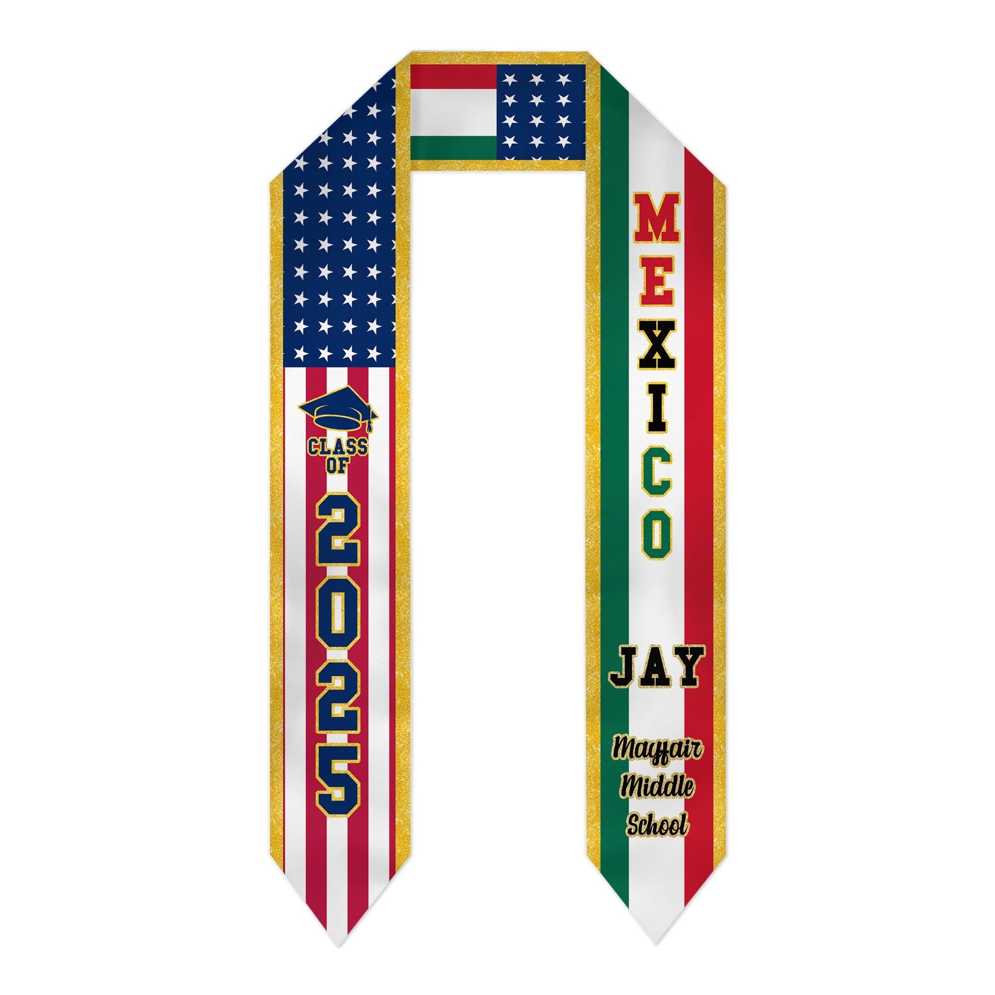 Personalized Congrats 2025 Graduation Stole, Mixed Two Flag Graduation Stole, Graduation Sash Gift, Class of 2025  Grad Sash