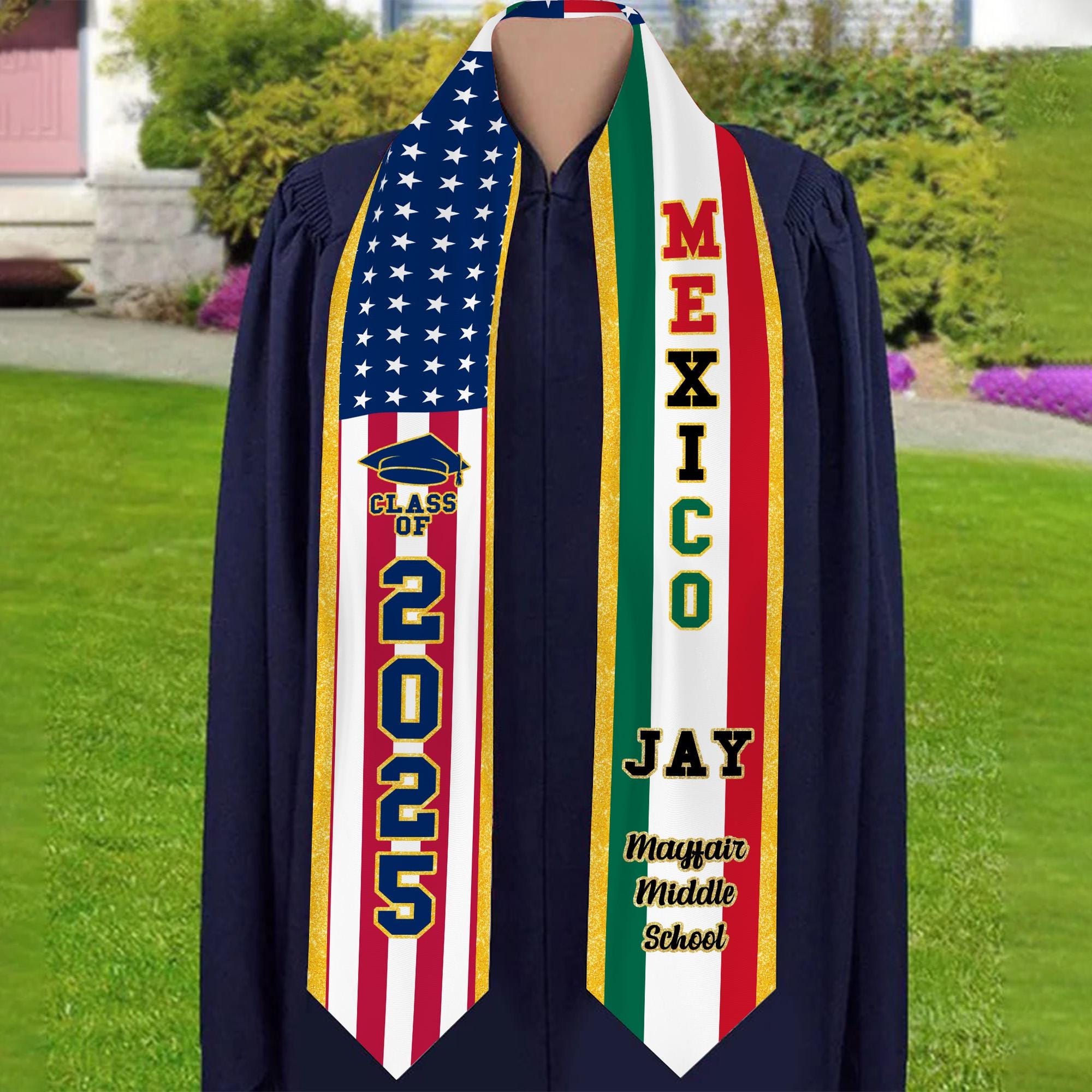 Personalized Congrats 2025 Graduation Stole, Mixed Two Flag Graduation Stole, Graduation Sash Gift, Class of 2025  Grad Sash