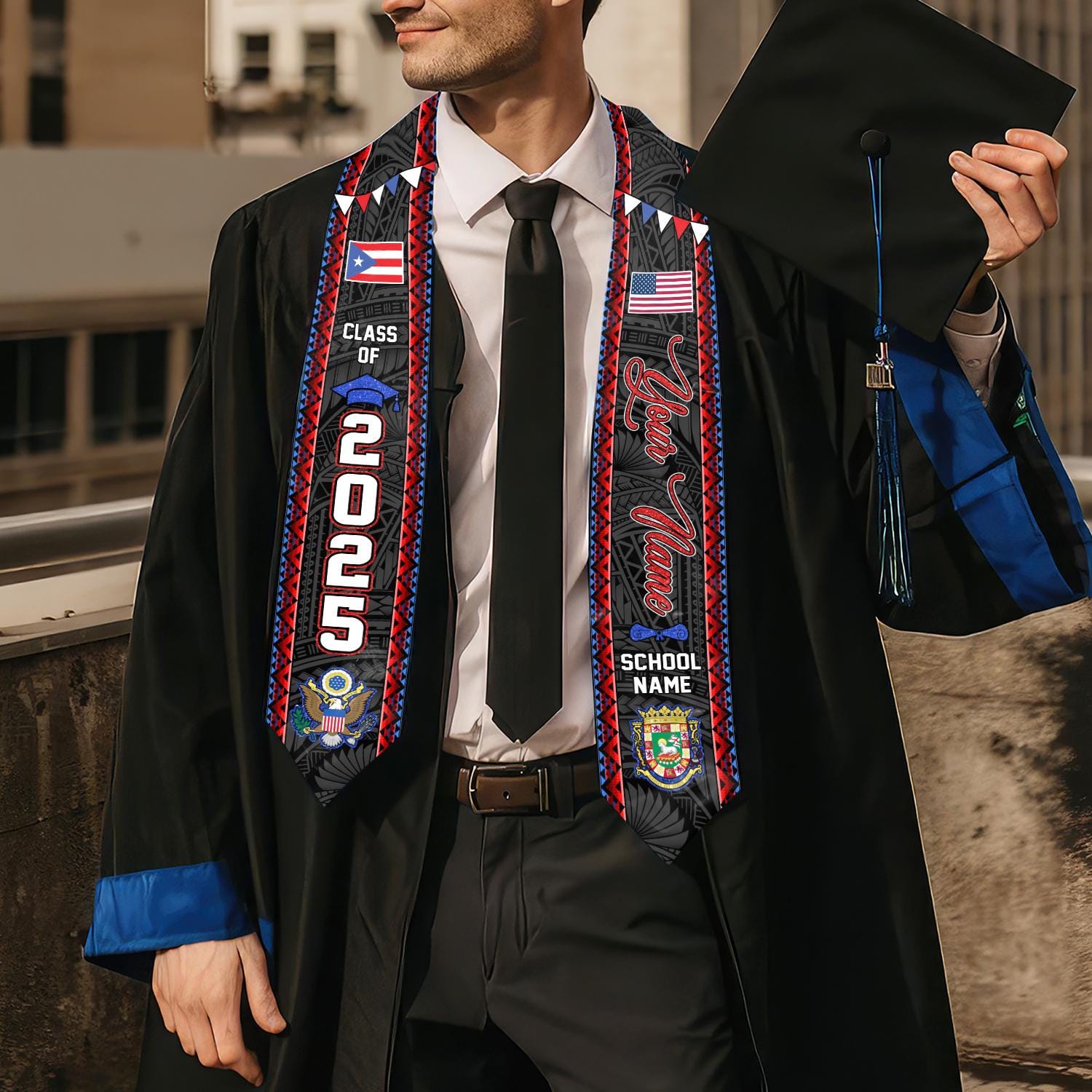 Personalized Puerto Rico Graduation Sash 2025, Puerto Ricans American Flag Graduation Sash 2025, Puerto Rico Graduation Gift Stole 2025