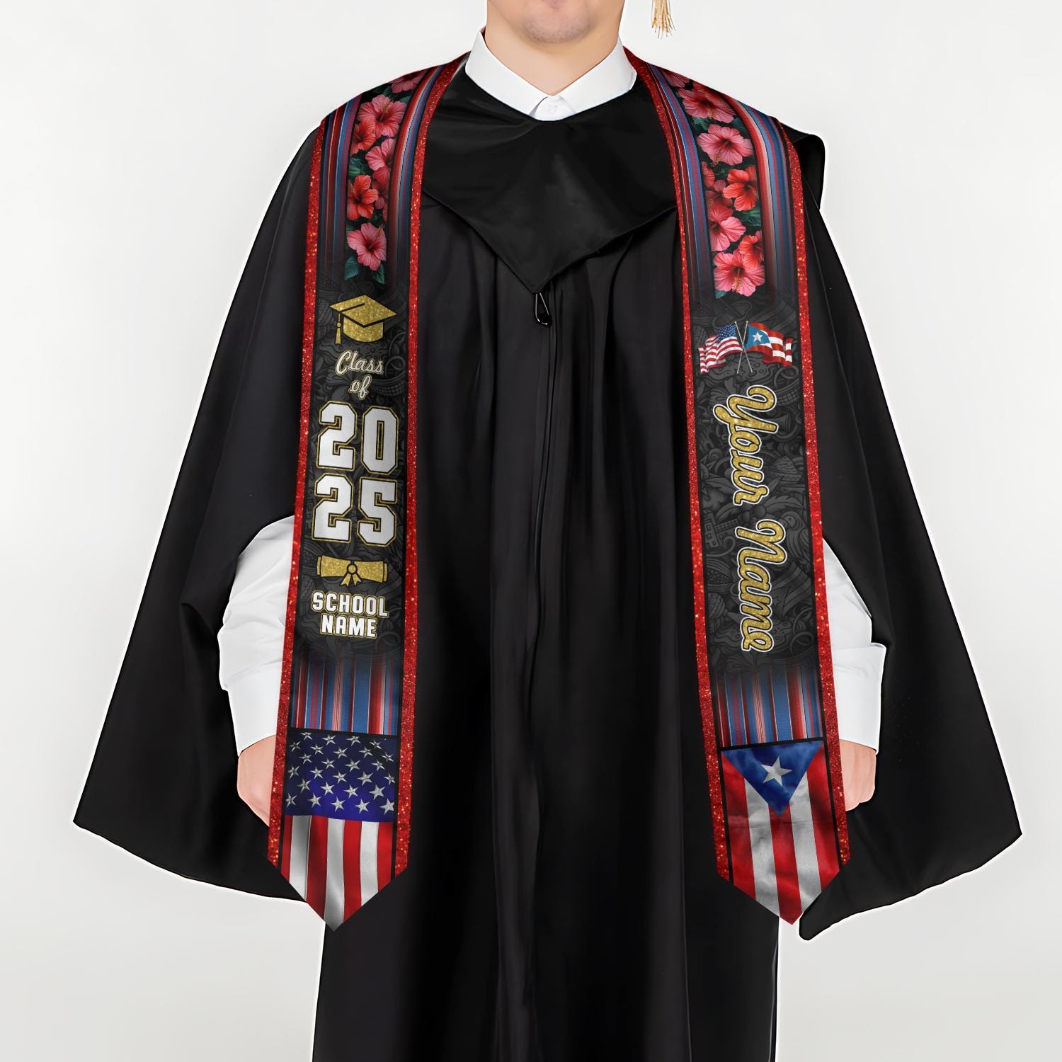 Personalized Puerto Rico Graduation Sash 2025, Puerto Ricans American Flag Graduation Sash 2025, Puerto Rico Graduation Gift Stole 2025