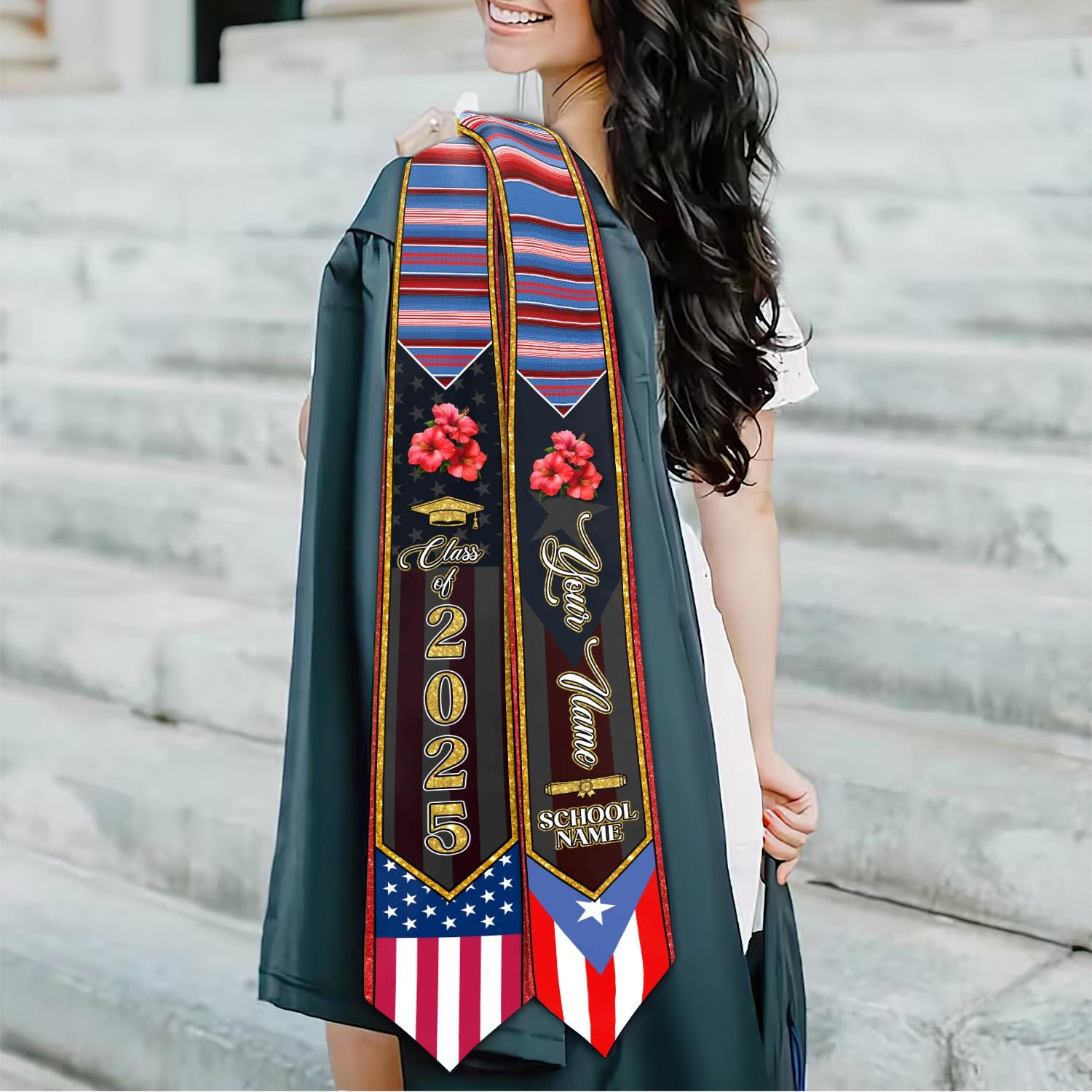 Personalized Puerto Rico Graduation Sash 2025, Puerto Ricans American Flag Graduation Sash 2025, Puerto Rico Graduation Gift Stole 2025