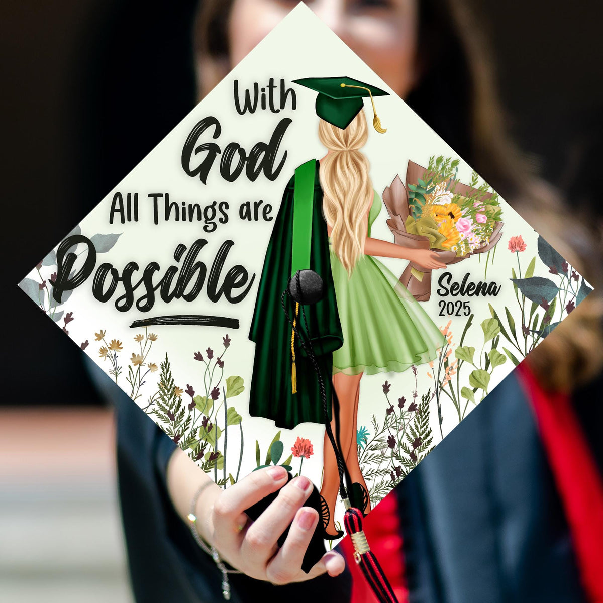 With God All Things are Possible Graduation Cap Topper, Custom Cap Decoration with Verses, Wild Flower Grad Cap Design 2025