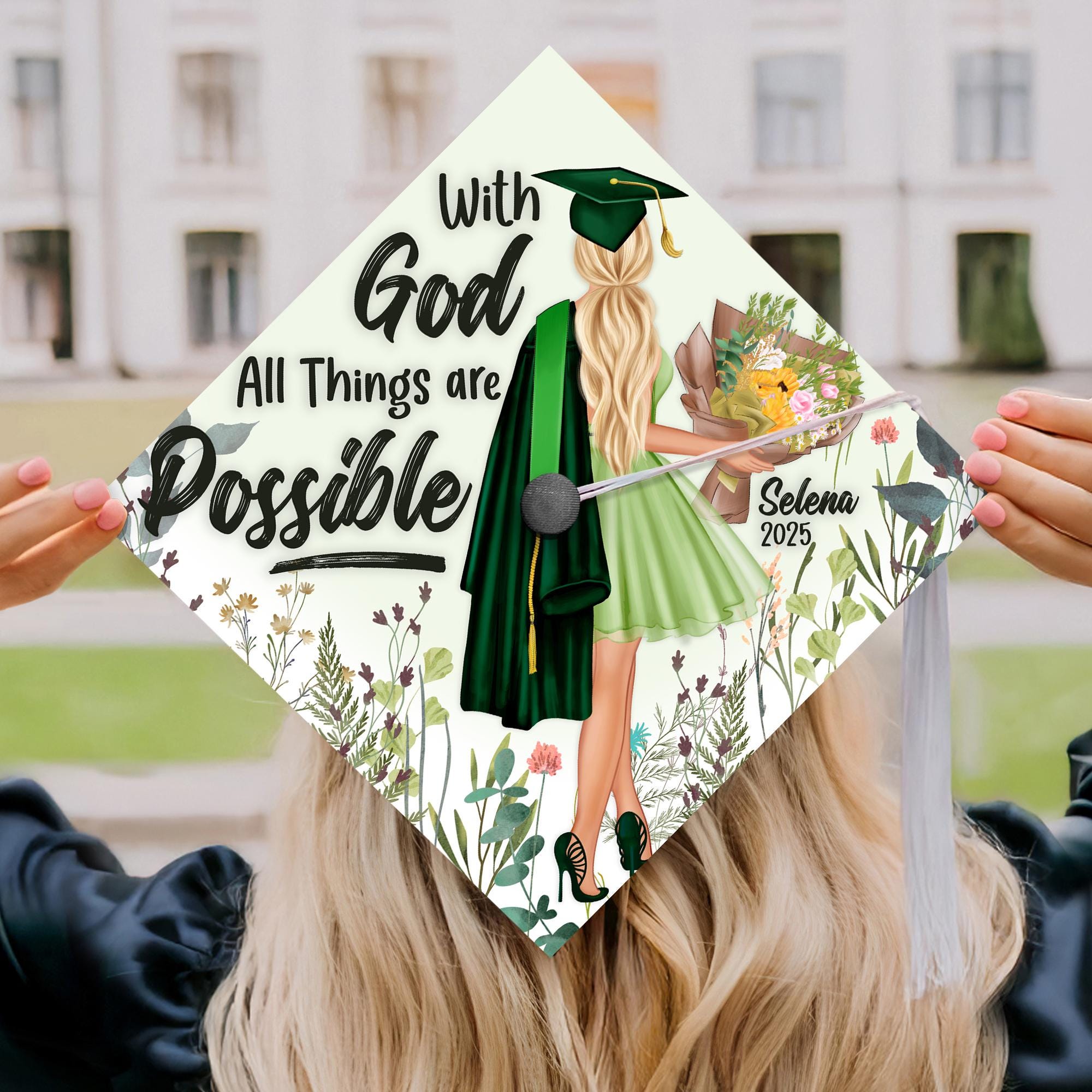 With God All Things are Possible Graduation Cap Topper, Custom Cap Decoration with Verses, Wild Flower Grad Cap Design 2025