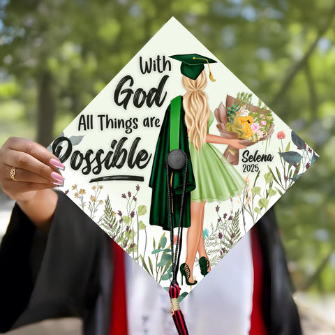 With God All Things are Possible Graduation Cap Topper, Custom Cap Decoration with Verses, Wild Flower Grad Cap Design 2025