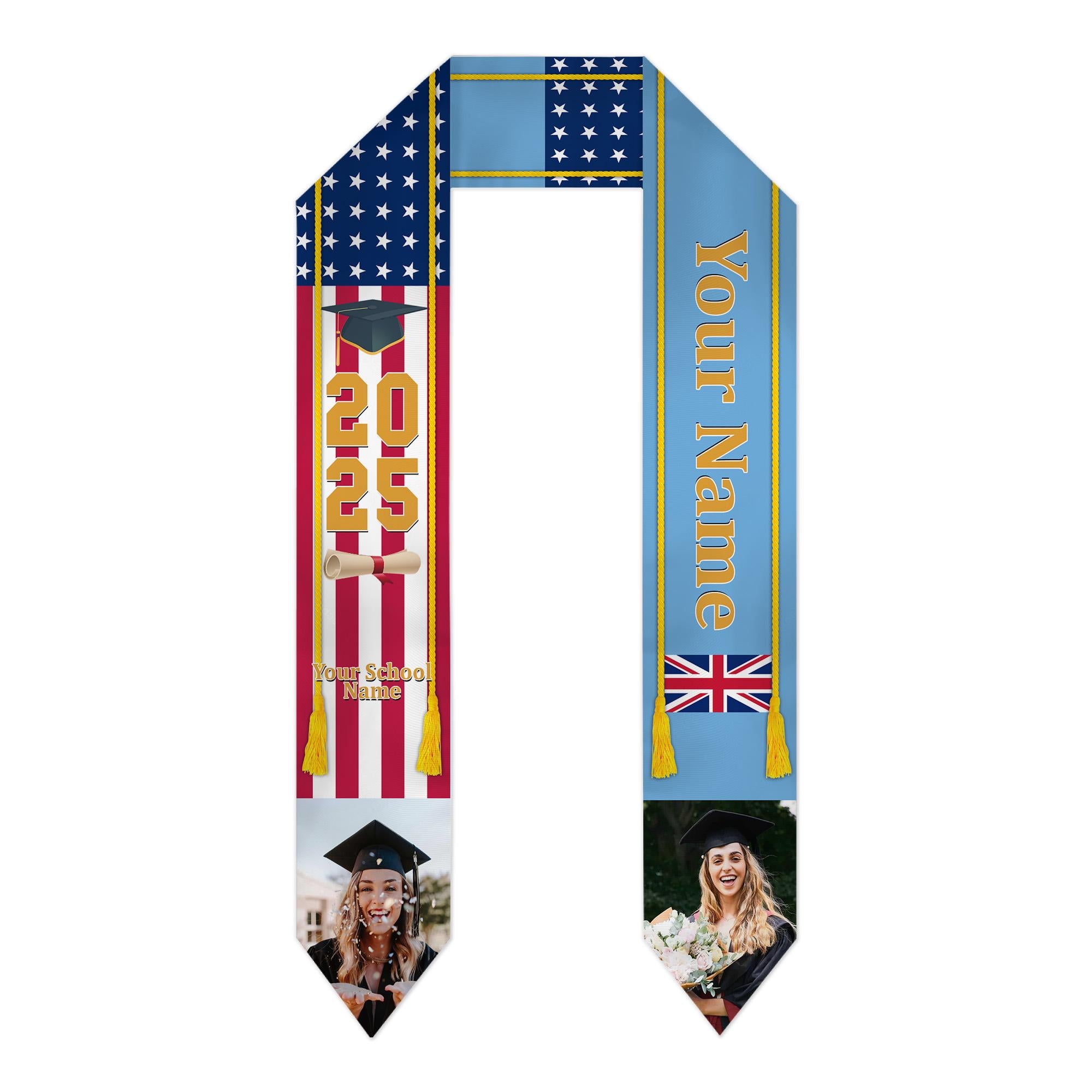 Personalized Congrats 2025 Graduation Stole, Mixed Two Flag Graduation Stole, Graduation Sash Gift, Class of 2025 Grad Sash