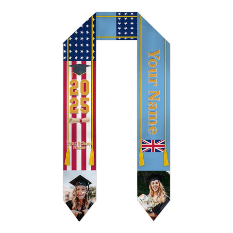 Personalized Congrats 2025 Graduation Stole, Mixed Two Flag Graduation Stole, Graduation Sash Gift, Class of 2025 Grad Sash
