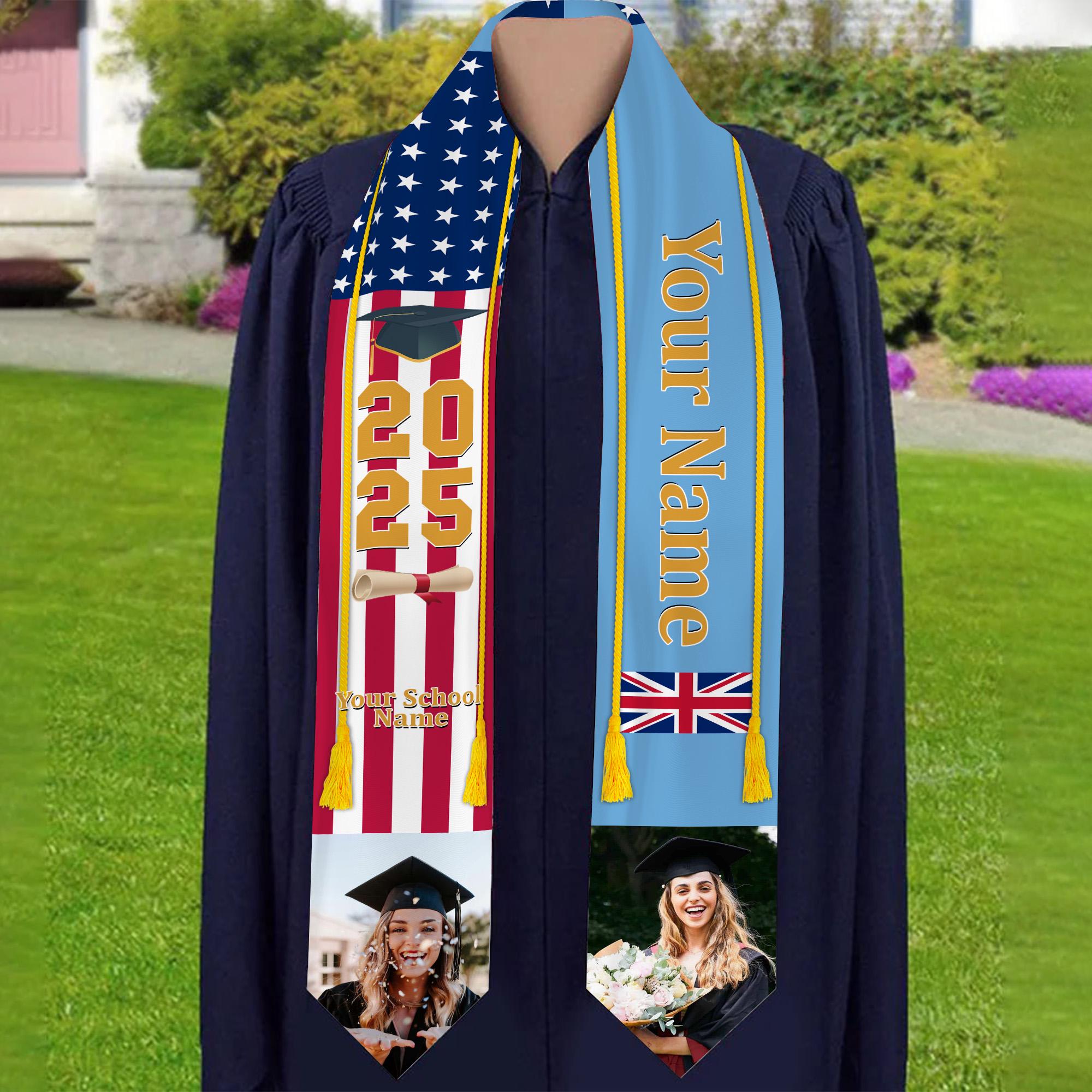 Personalized Congrats 2025 Graduation Stole, Mixed Two Flag Graduation Stole, Graduation Sash Gift, Class of 2025 Grad Sash