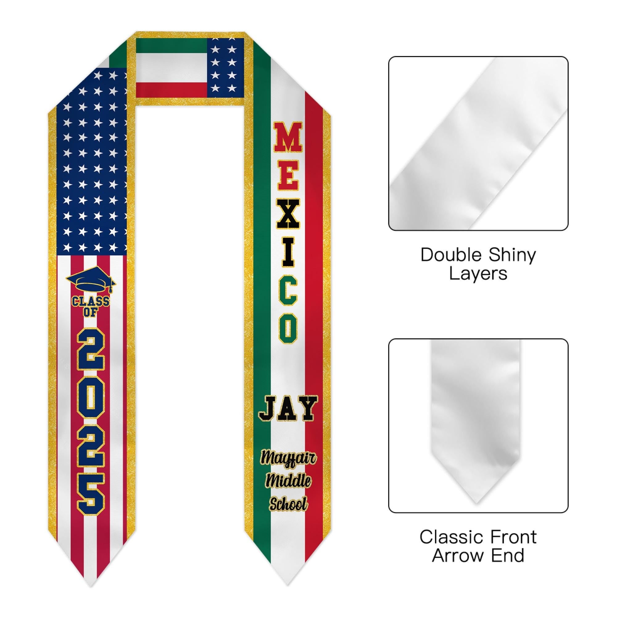 Personalized Congrats 2025 Graduation Stole, Mixed Two Flag Graduation Stole, Graduation Sash Gift, Class of 2025  Grad Sash