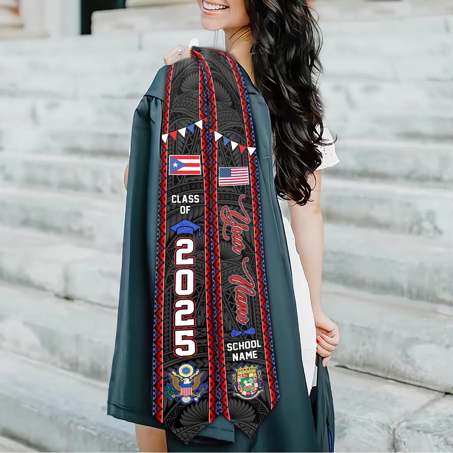 Personalized Puerto Rico Graduation Sash 2025, Puerto Ricans American Flag Graduation Sash 2025, Puerto Rico Graduation Gift Stole 2025