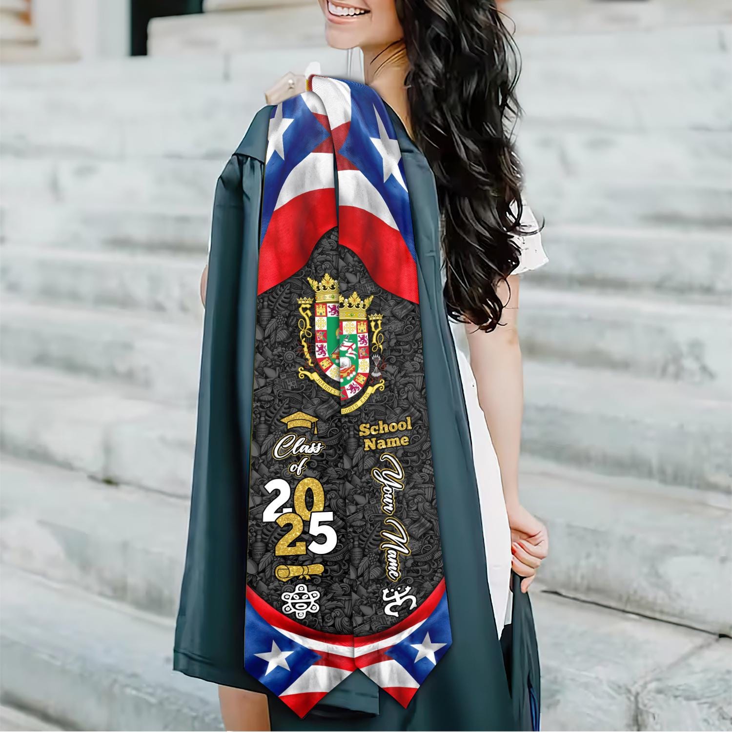 Personalized Puerto Rico Graduation Sash 2025, Puerto Ricans American Flag Graduation Sash 2025, Puerto Rico Graduation Gift Stole 2025