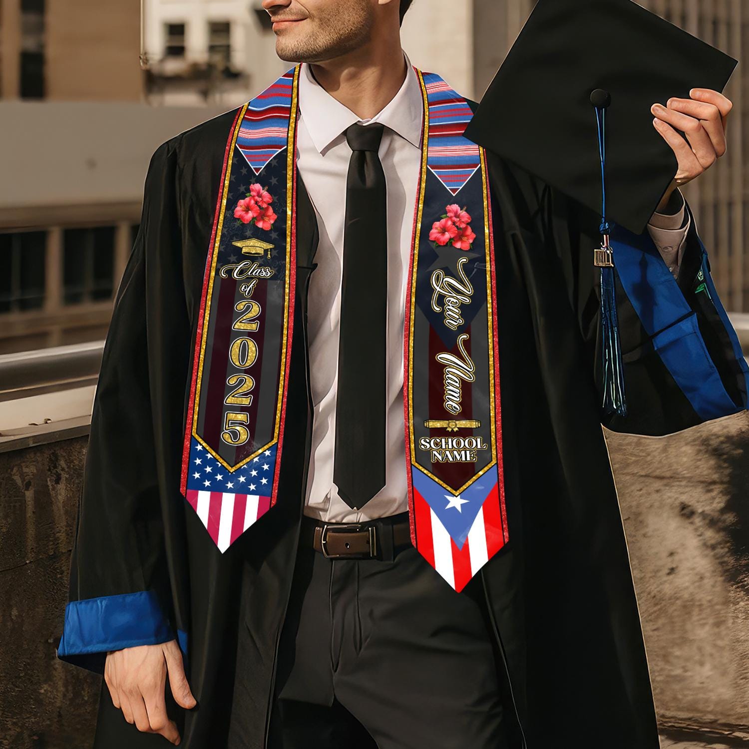 Personalized Puerto Rico Graduation Sash 2025, Puerto Ricans American Flag Graduation Sash 2025, Puerto Rico Graduation Gift Stole 2025