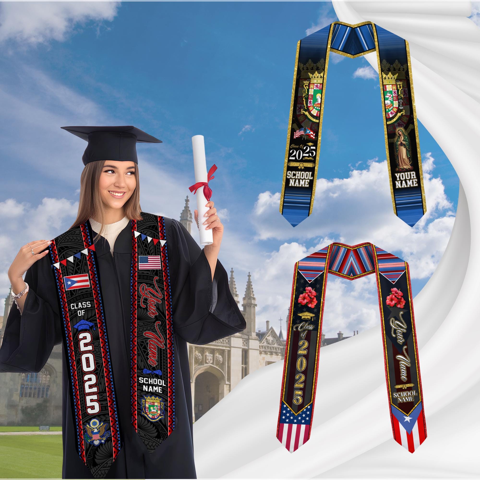 Personalized Puerto Rico Graduation Sash 2025, Puerto Ricans American Flag Graduation Sash 2025, Puerto Rico Graduation Gift Stole 2025