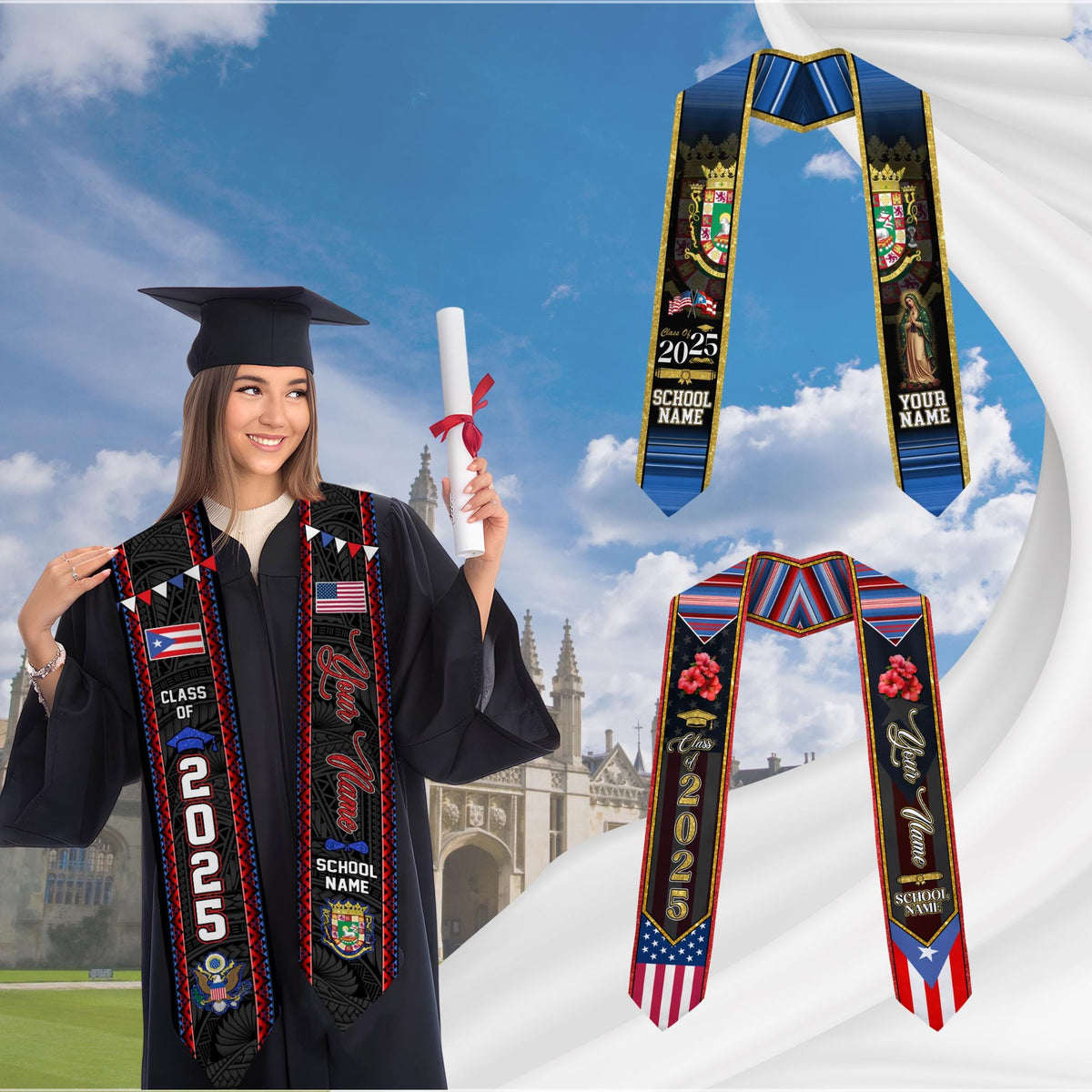 Personalized Puerto Rico Graduation Sash 2025, Puerto Ricans American Flag Graduation Sash 2025, Puerto Rico Graduation Gift Stole 2025