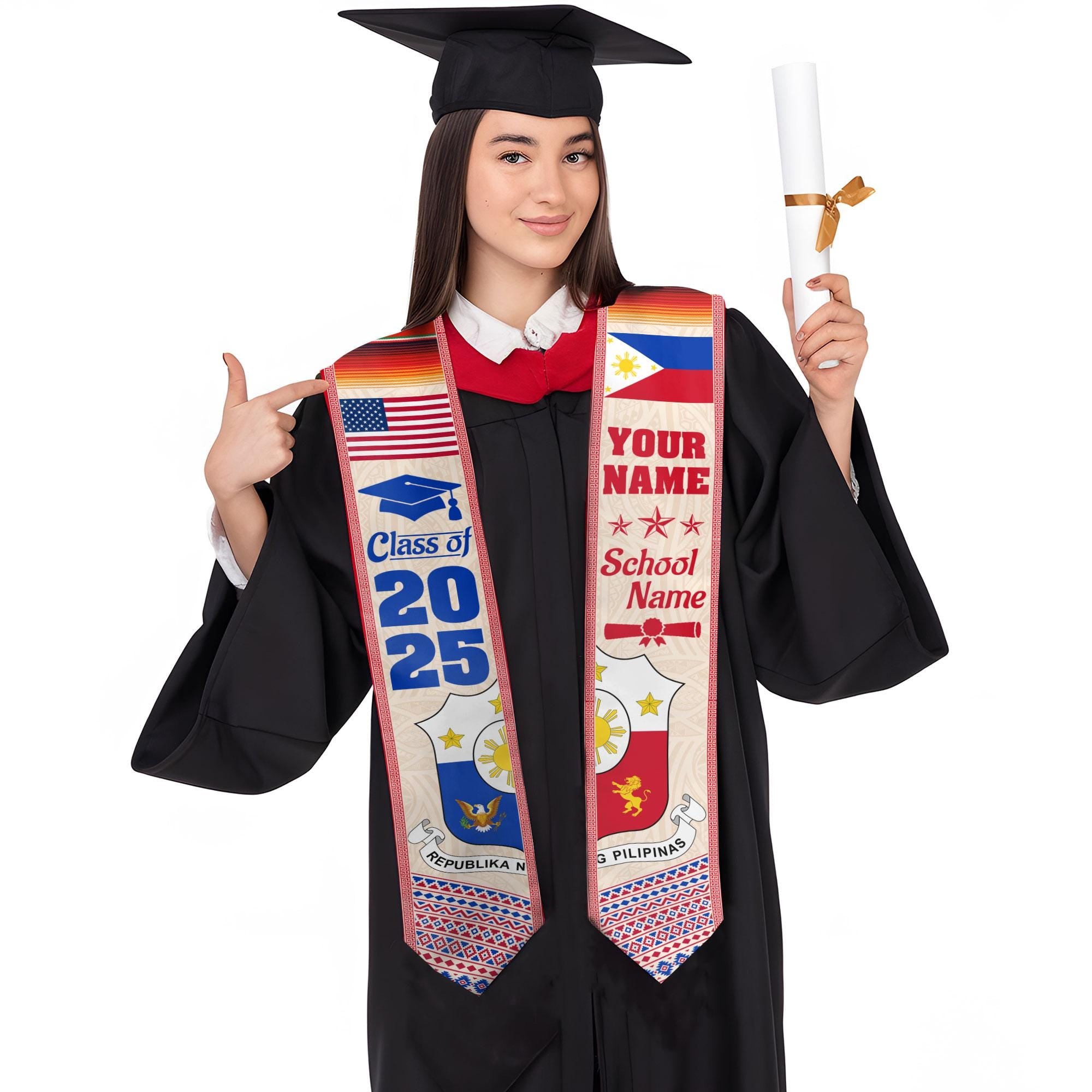 Custom Filipino Graduation Sash 2025,Filipino Graduation Sash,Philippines  American Flag Stole,Philippines Graduation Stole,Graduation Gift