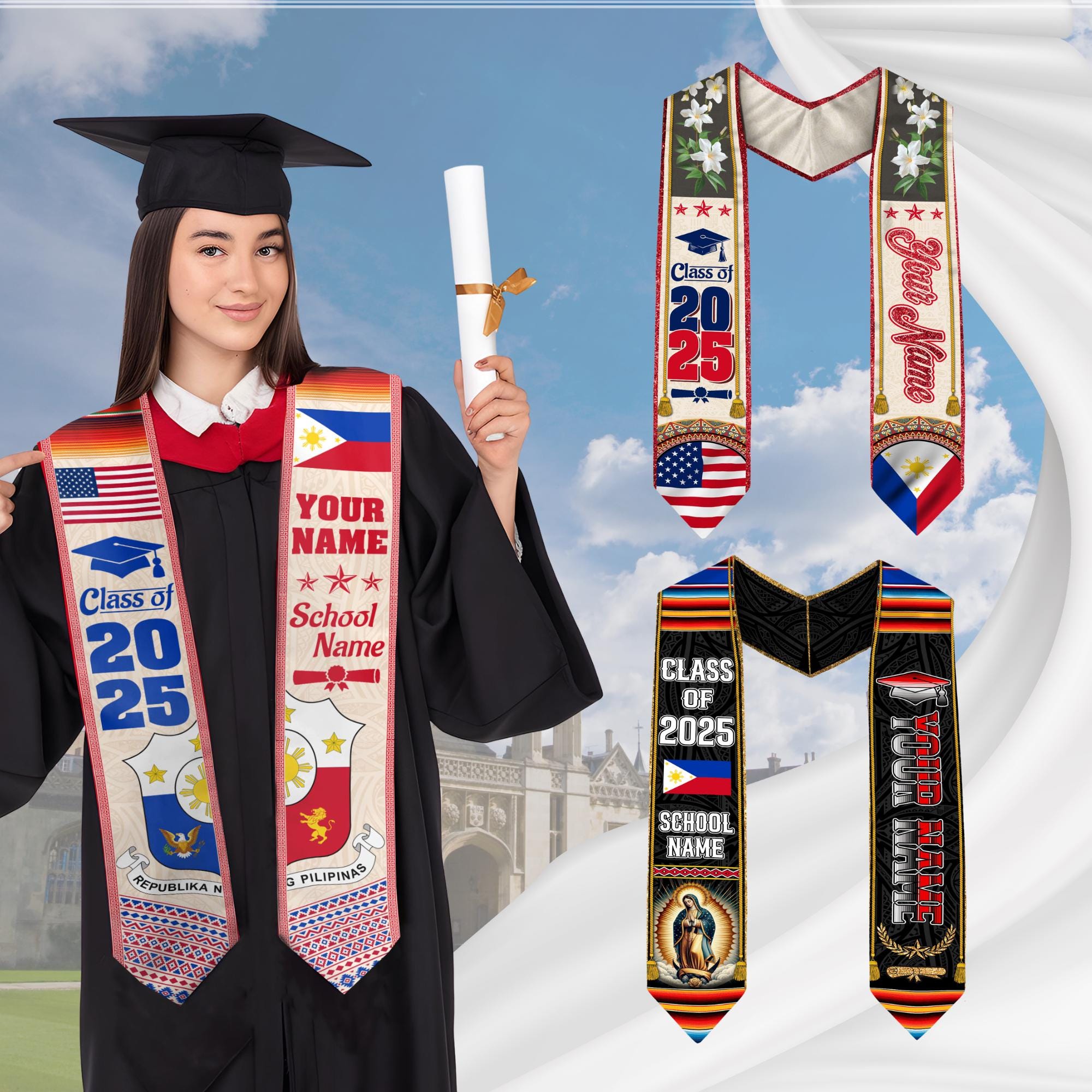 Custom Filipino Graduation Sash 2025,Filipino Graduation Sash,Philippines  American Flag Stole,Philippines Graduation Stole,Graduation Gift