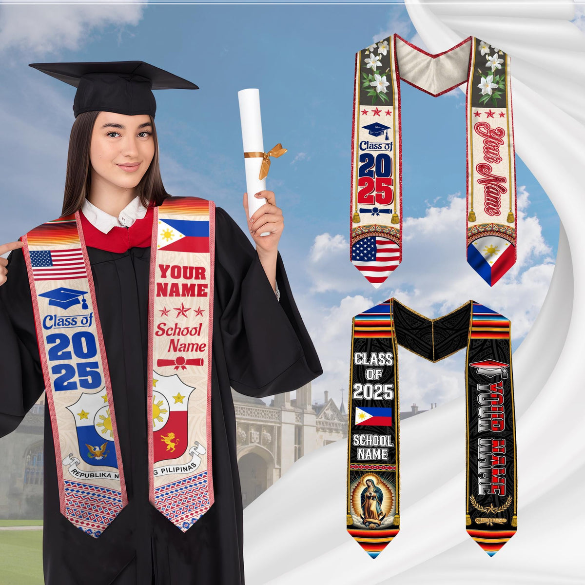 Custom Filipino Graduation Sash 2025,Filipino Graduation Sash,Philippines  American Flag Stole,Philippines Graduation Stole,Graduation Gift
