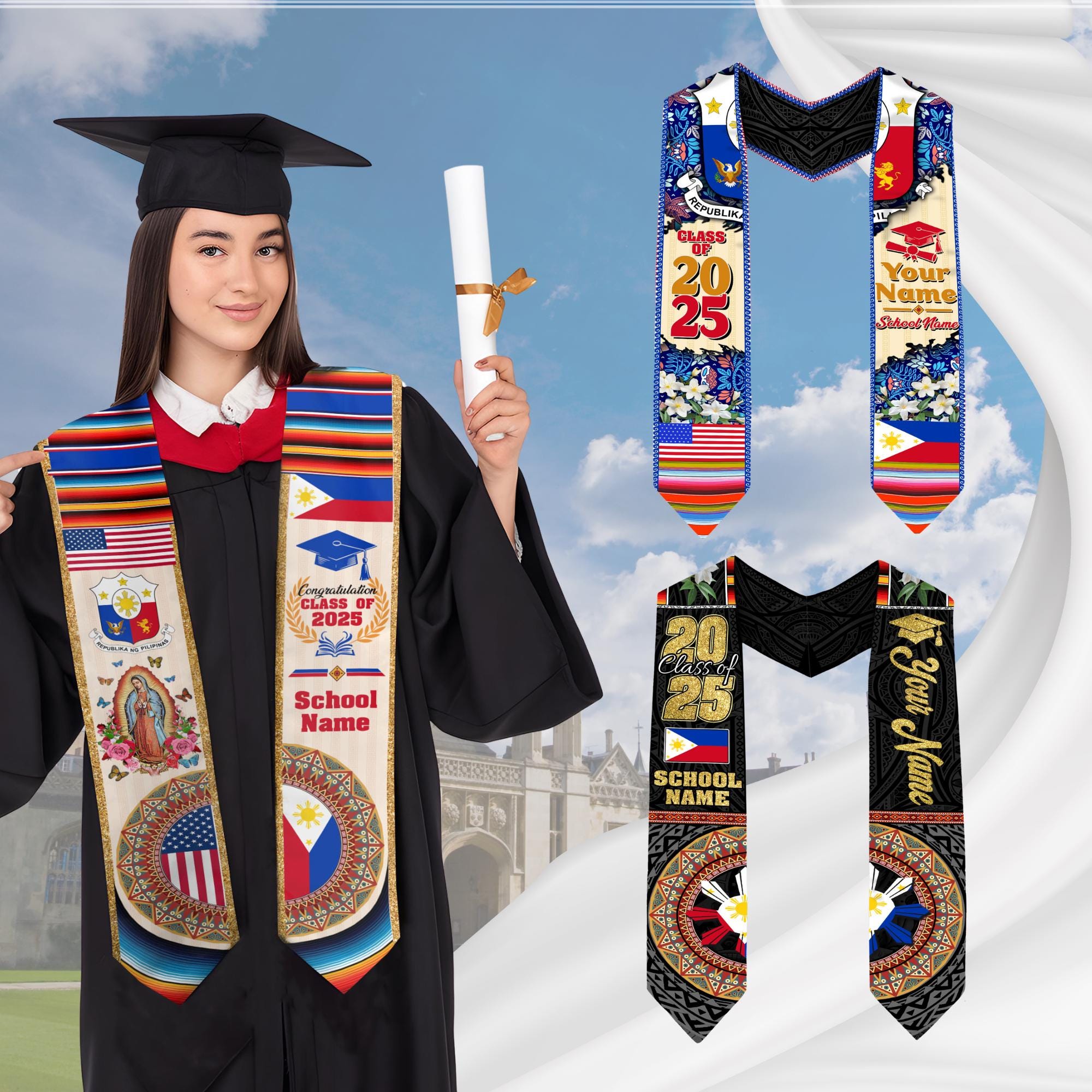 Custom Filipino Graduation Sash 2025,Filipino Graduation Sash,Philippines  American Flag Stole,Philippines Graduation Stole,Graduation Gift