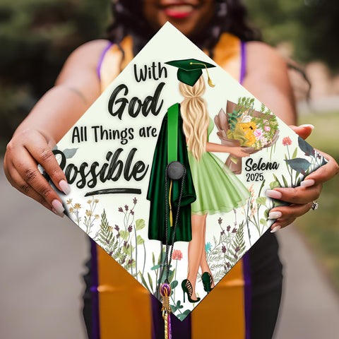 With God All Things are Possible Graduation Cap Topper, Custom Cap Decoration with Verses, Wild Flower Grad Cap Design 2025