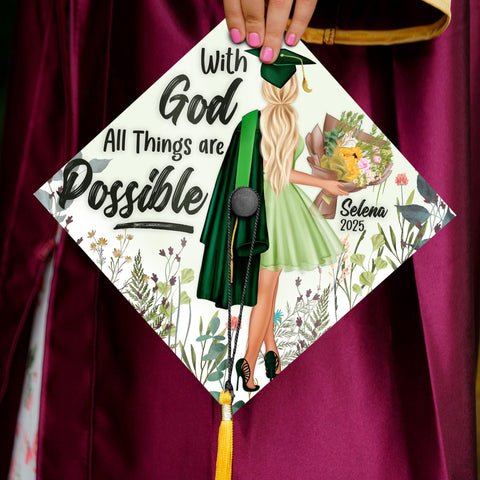 With God All Things are Possible Graduation Cap Topper, Custom Cap Decoration with Verses, Wild Flower Grad Cap Design 2025
