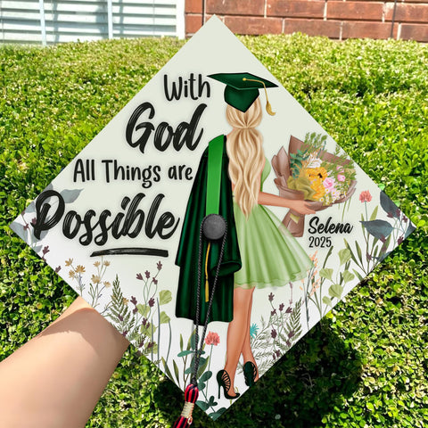 With God All Things are Possible Graduation Cap Topper, Custom Cap Decoration with Verses, Wild Flower Grad Cap Design 2025