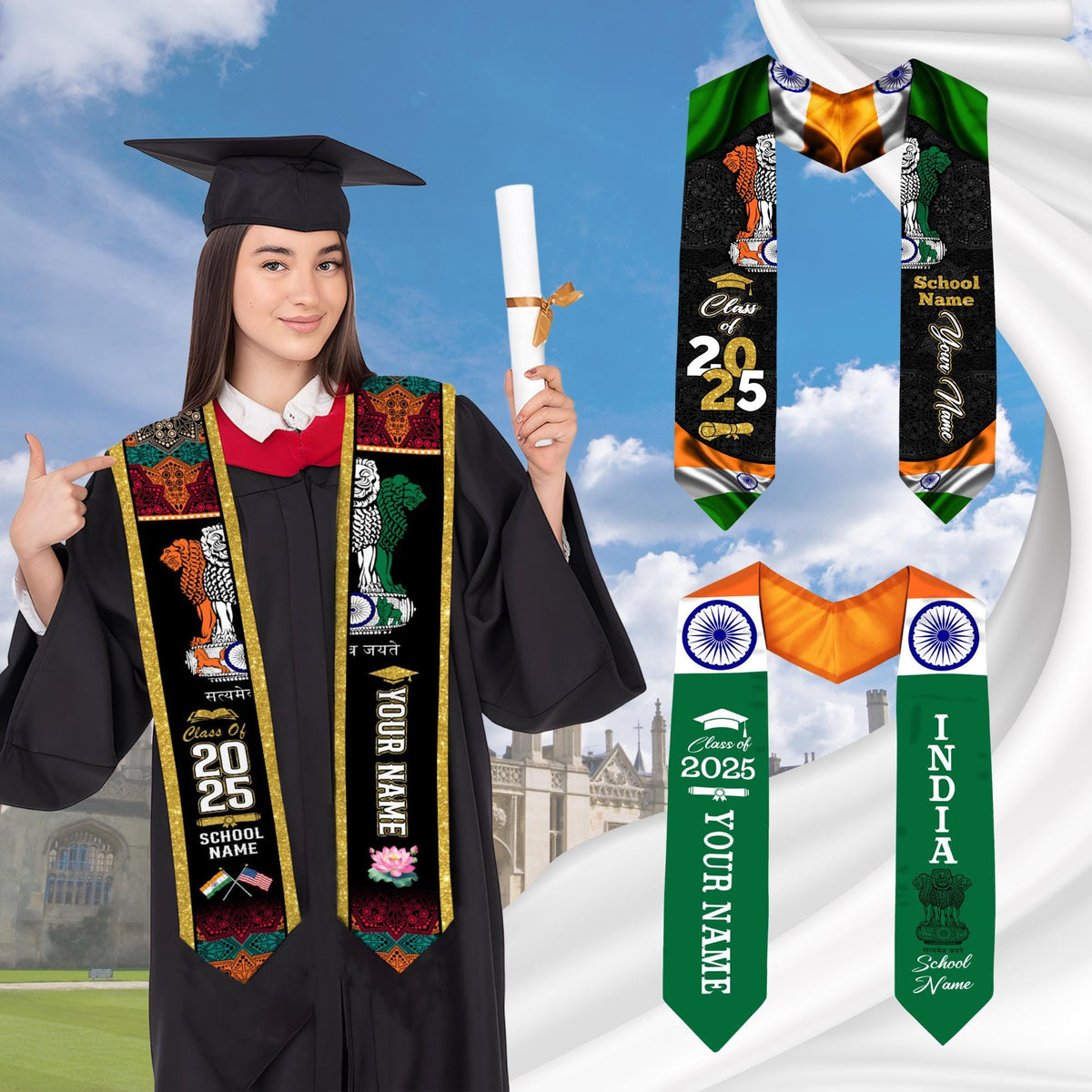 Custom Indian Graduation Sash 2025,Indian Graduation Sash,India  American Flag Stole,India Graduation Stole,Graduation Gift, India Sash
