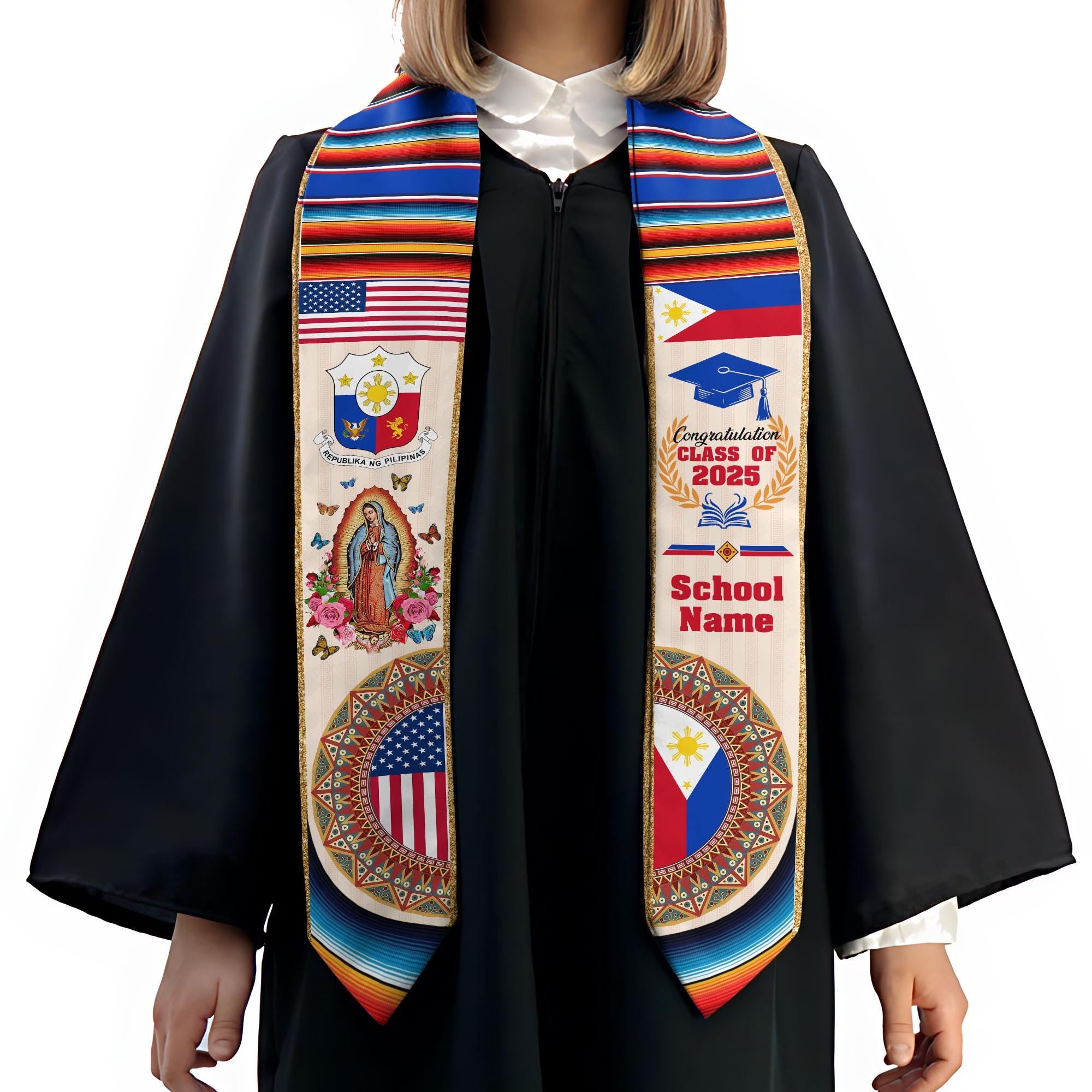 Custom Filipino Graduation Sash 2025,Filipino Graduation Sash,Philippines  American Flag Stole,Philippines Graduation Stole,Graduation Gift