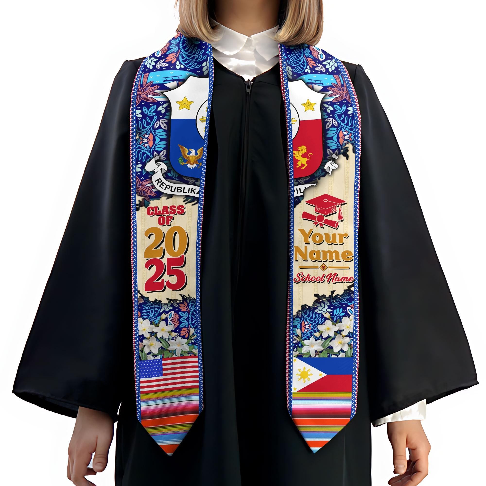Custom Filipino Graduation Sash 2025,Filipino Graduation Sash,Philippines  American Flag Stole,Philippines Graduation Stole,Graduation Gift