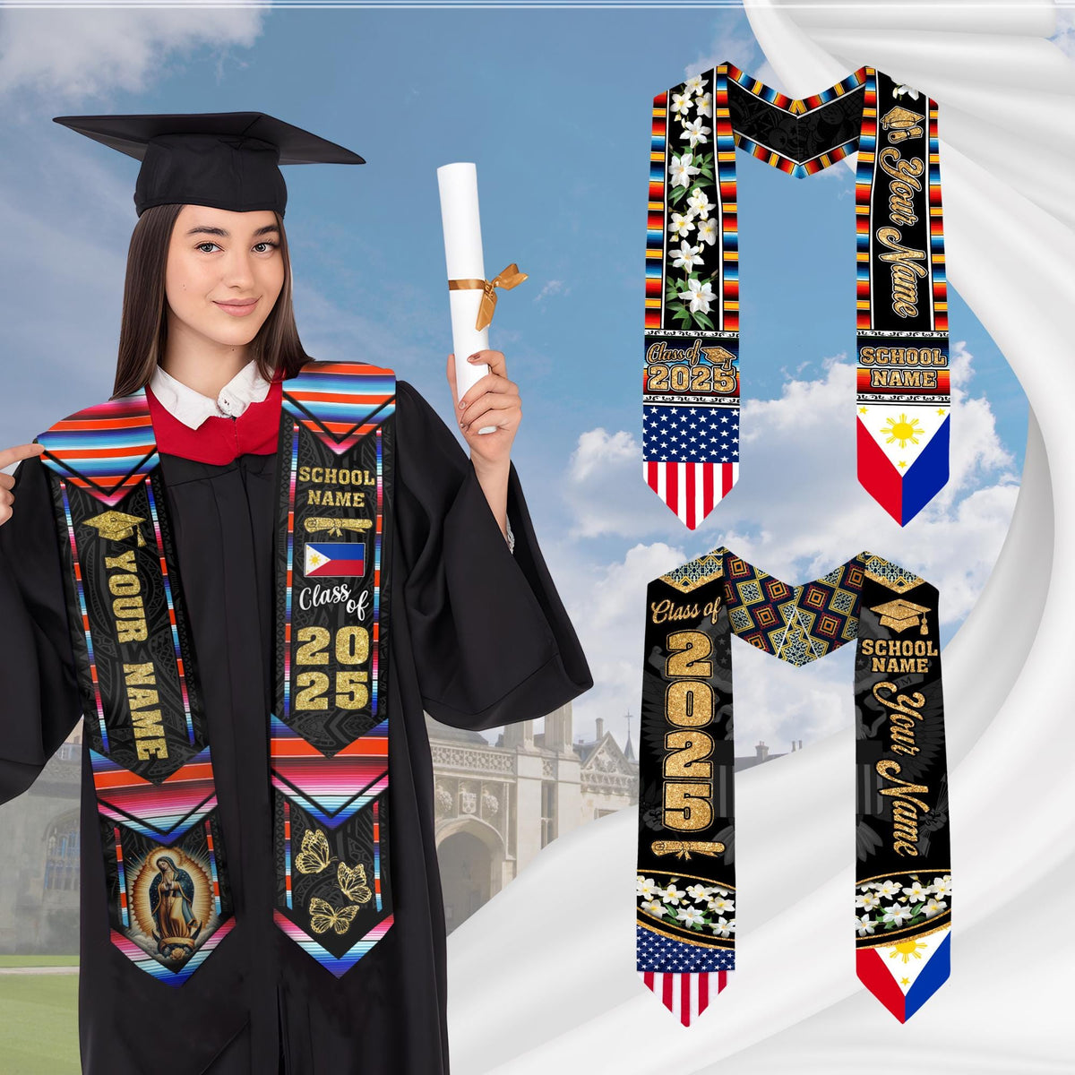 Custom Filipino Graduation Sash 2025,Filipino Graduation Sash,Philippines  American Flag Stole,Philippines Graduation Stole,Graduation Gift