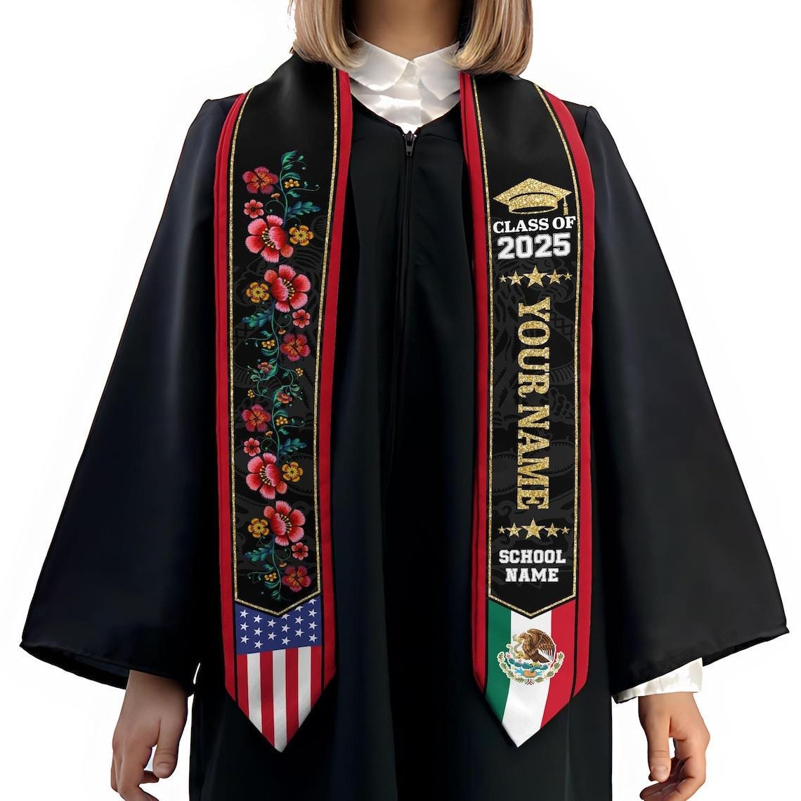 Personalized Mexican Stole,Custom Mexican Graduation Sash,Mexican American Flag Graduation Sash 2025,Mexican Stole,Mexico Graduation Stole