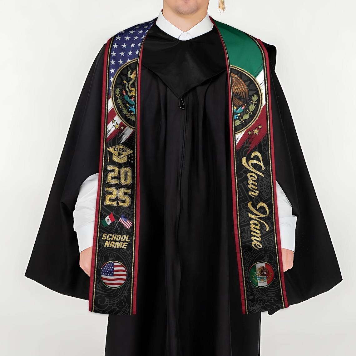 Personalized Mexican Stole,Custom Mexican Graduation Sash,Mexican American Flag Graduation Sash 2025,Mexican Stole,Mexico Graduation Stole