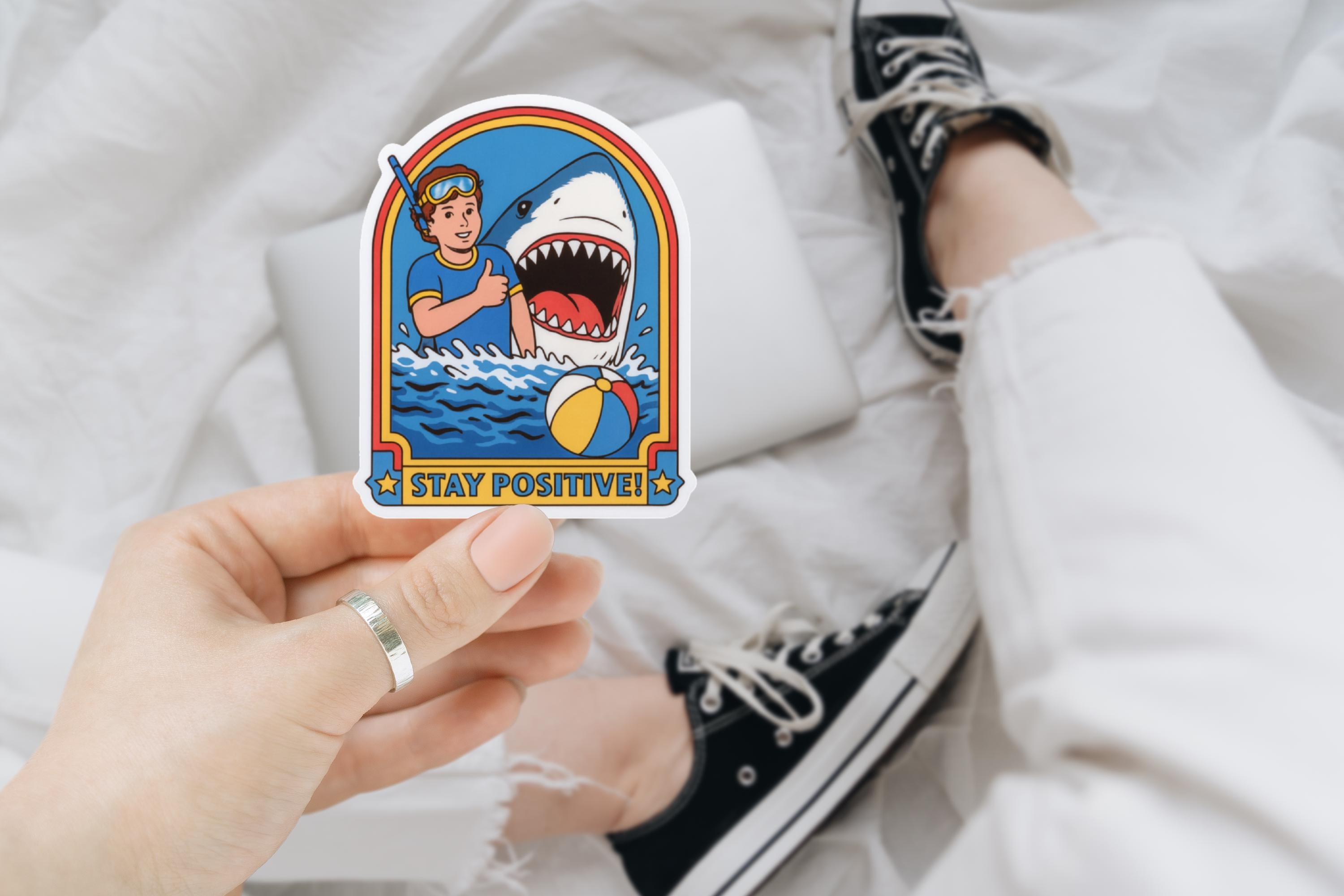 Stay Positive, Retro, Shark, Funny Stickers, Sarcasm Stickers, Sarcastic Stickers, Funny Laptop Sticker, Funny Decals, Water Bottle Stickers