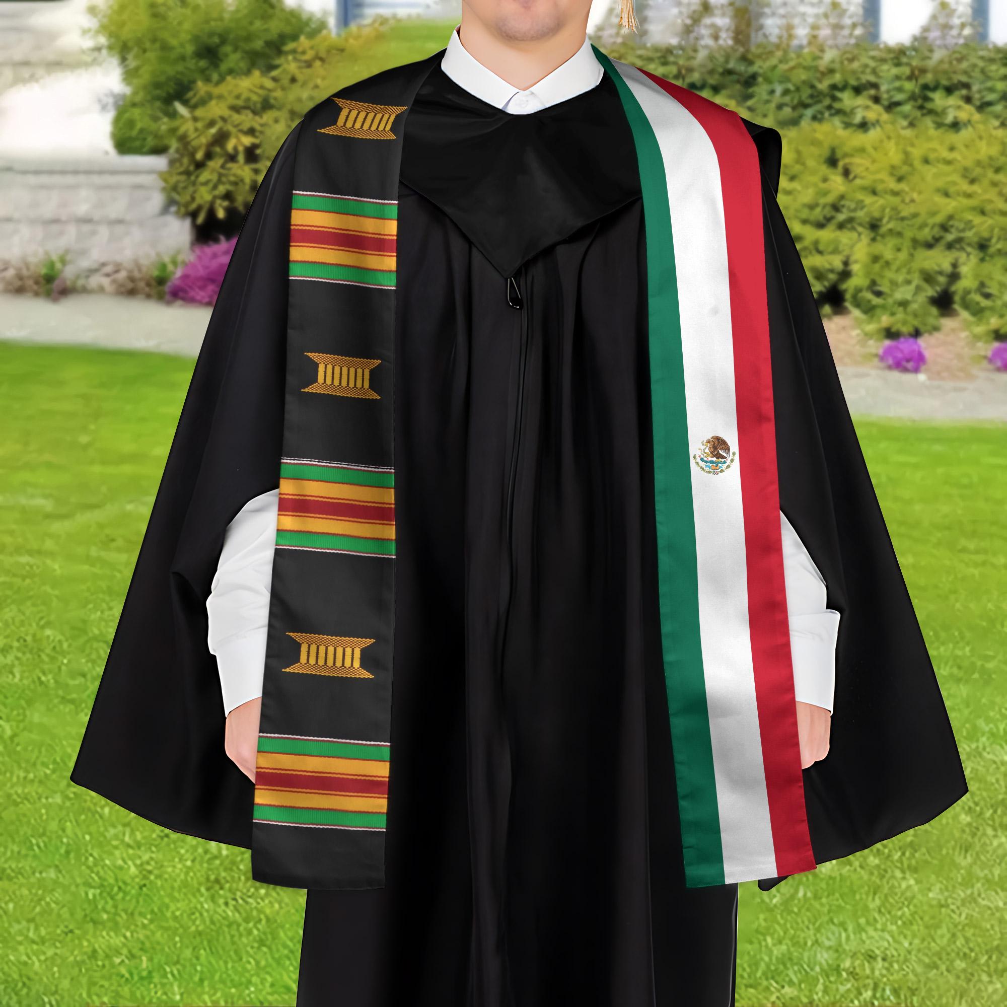 Personalized Half Kente Print and Half Nation/Flag Graduation Stoles/Sash, Class of 2025 stoles,Mixed Two Flag Graduation Stole ID-0411-FRBQ