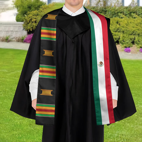 Personalized Half Kente Print and Half Nation/Flag Graduation Stoles/Sash, Class of 2025 stoles,Mixed Two Flag Graduation Stole ID-0411-FRBQ