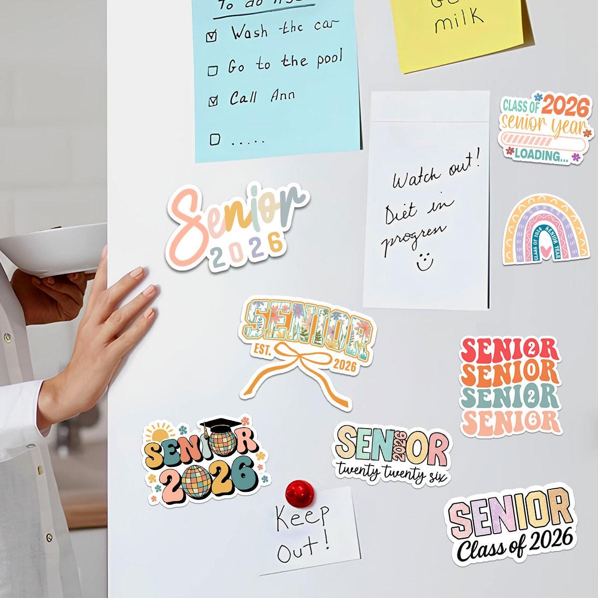10 Pcs Pastel Senior 2026 Sticker Pack – Cute Class of 2026 Graduation Stickers – Aesthetic Vinyl Decals for Laptop, Water Bottle, Journal