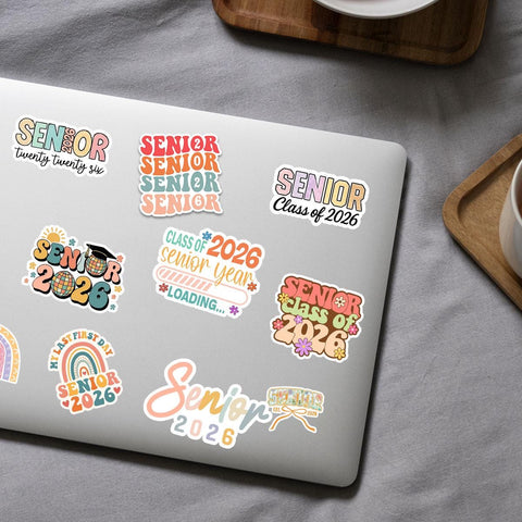 10 Pcs Pastel Senior 2026 Sticker Pack – Cute Class of 2026 Graduation Stickers – Aesthetic Vinyl Decals for Laptop, Water Bottle, Journal