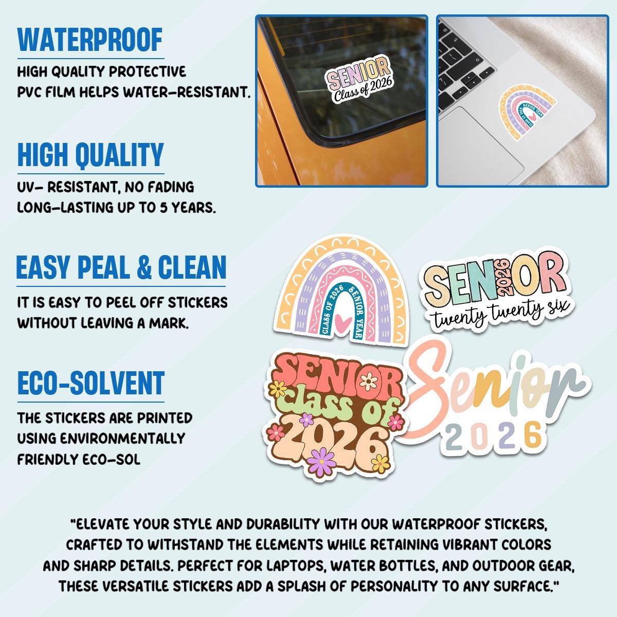 10 Pcs Pastel Senior 2026 Sticker Pack – Cute Class of 2026 Graduation Stickers – Aesthetic Vinyl Decals for Laptop, Water Bottle, Journal