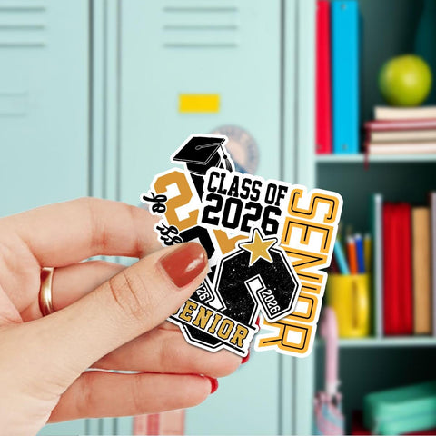 10 Pcs Senior Class of 2026 Sticker Pack – 10 Vinyl Stickers, Graduation, Class Pride, Black & Gold, Senior Year, High School Graduation