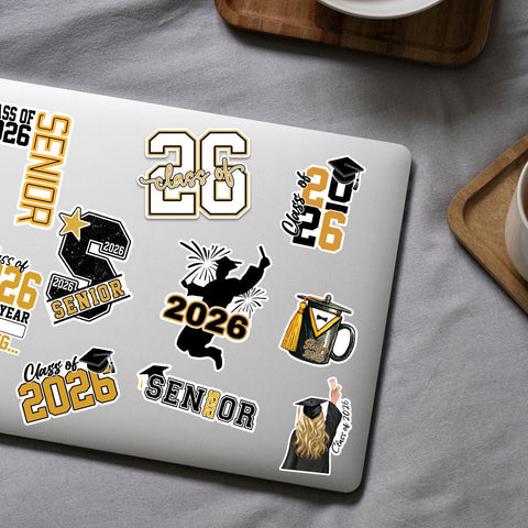 10 Pcs Senior Class of 2026 Sticker Pack – 10 Vinyl Stickers, Graduation, Class Pride, Black & Gold, Senior Year, High School Graduation
