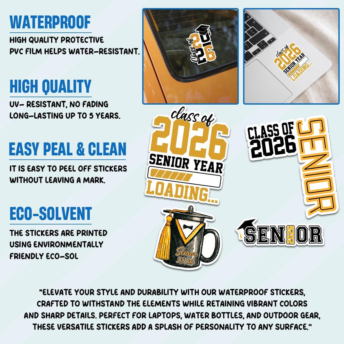 10 Pcs Senior Class of 2026 Sticker Pack – 10 Vinyl Stickers, Graduation, Class Pride, Black & Gold, Senior Year, High School Graduation