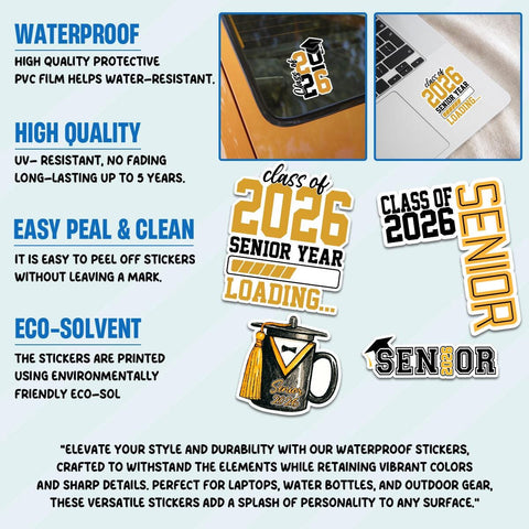 10 Pcs Senior Class of 2026 Sticker Pack – 10 Vinyl Stickers, Graduation, Class Pride, Black & Gold, Senior Year, High School Graduation