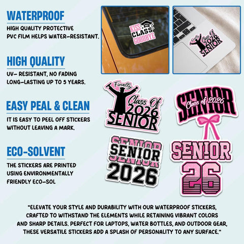 10 Pcs Senior Class of 2026 Sticker Pack – Vinyl Stickers, Graduation, Pink & Bold, Senior Year, High School Graduation, Class Pride